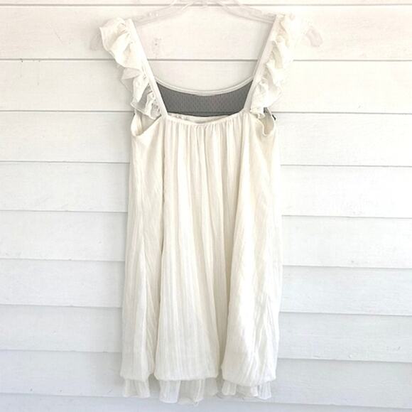 Olsenboye White Ruffled Chiffon Black Lace Detail Sleeveless Tunic Blouse Mini M - Picture 3 of 5